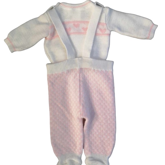 Vintage 80's Baby Knitted Pink & White Top & Overalls Hearts Easter Outfit 0-6 M - Picture 2 of 6